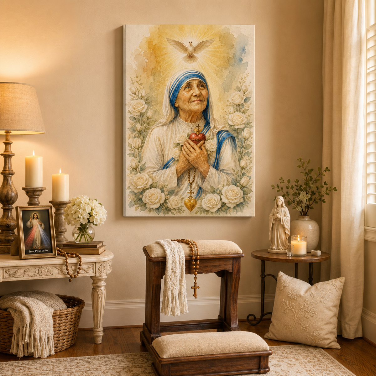 Mother Teresa With Holy Spirit Canvas Print - Dove White Roses
