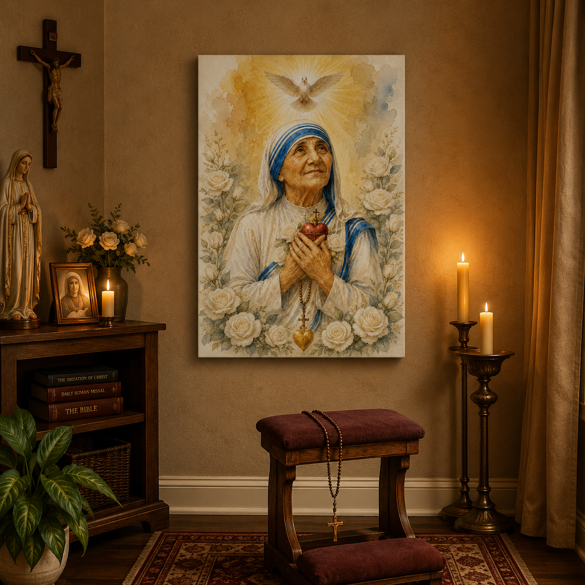 Mother Teresa With Holy Spirit Canvas Print - Dove White Roses