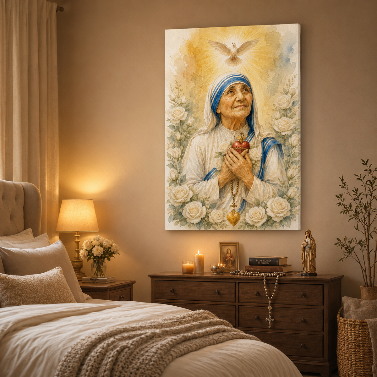 Mother Teresa With Holy Spirit Canvas Print - Dove White Roses
