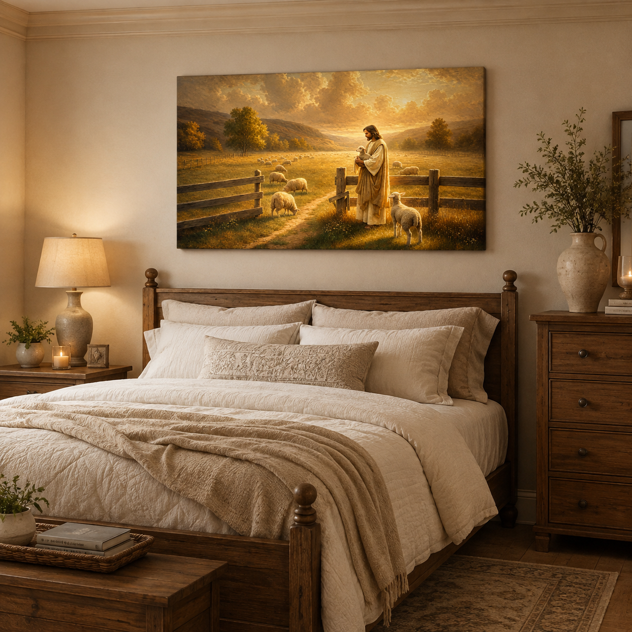 Jesus the Good Shepherd at the Sheepfold Canvas Print, Christian Home Decor