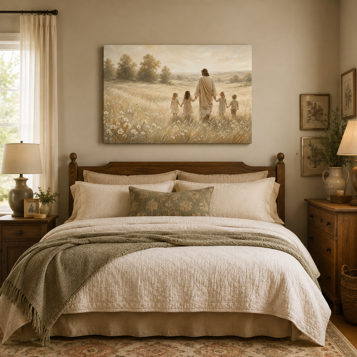 Walking in His Footsteps Jesus with Children Canvas Print, Christian Home Decor