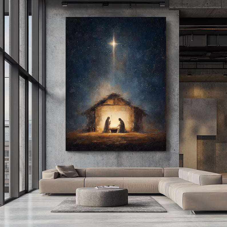 Nativity Star Canvas Print, Holy Family Under the Star of Bethlehem, Baby Jesus Christmas Wall Art, Christian Home Decor