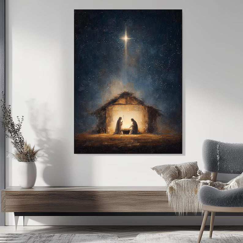 Nativity Star Canvas Print, Holy Family Under the Star of Bethlehem, Baby Jesus Christmas Wall Art, Christian Home Decor