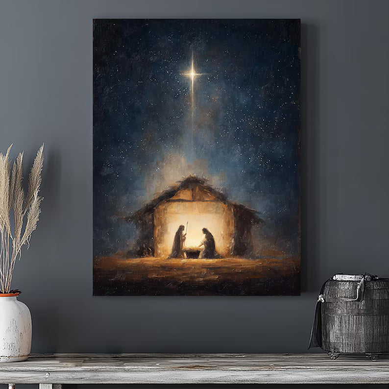 Nativity Star Canvas Print, Holy Family Under the Star of Bethlehem, Baby Jesus Christmas Wall Art, Christian Home Decor