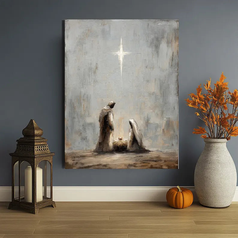 Nativity Canvas Wall Art, Minimalist Holy Family & Baby Jesus in Manger Print, Christian Christmas Home Decor