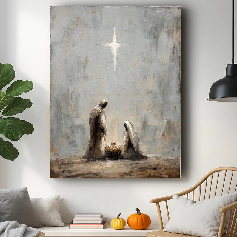 Nativity Canvas Wall Art, Minimalist Holy Family & Baby Jesus in Manger Print, Christian Christmas Home Decor