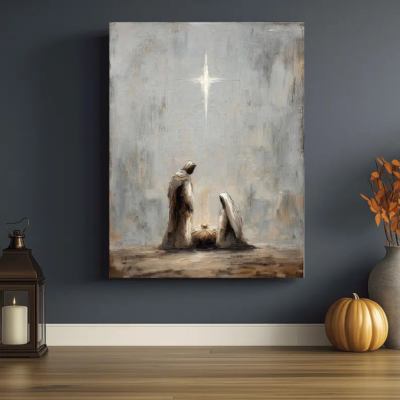 Nativity Canvas Wall Art, Minimalist Holy Family & Baby Jesus in Manger Print, Christian Christmas Home Decor