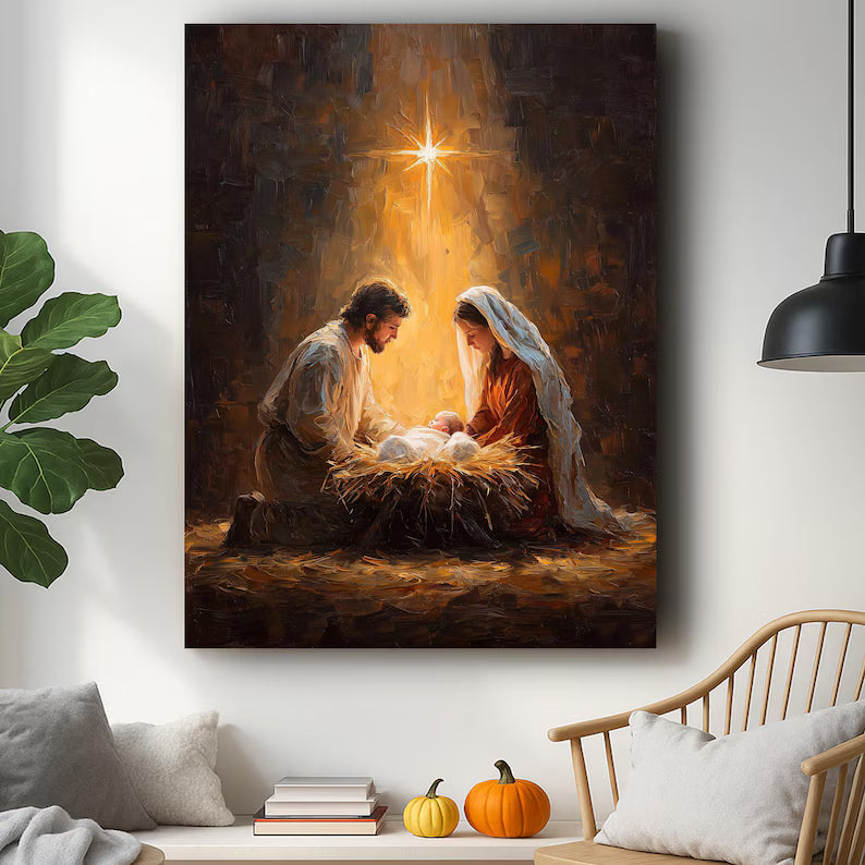 Holy Family Nativity Canvas Wall Art, Birth of Jesus Christmas Decor