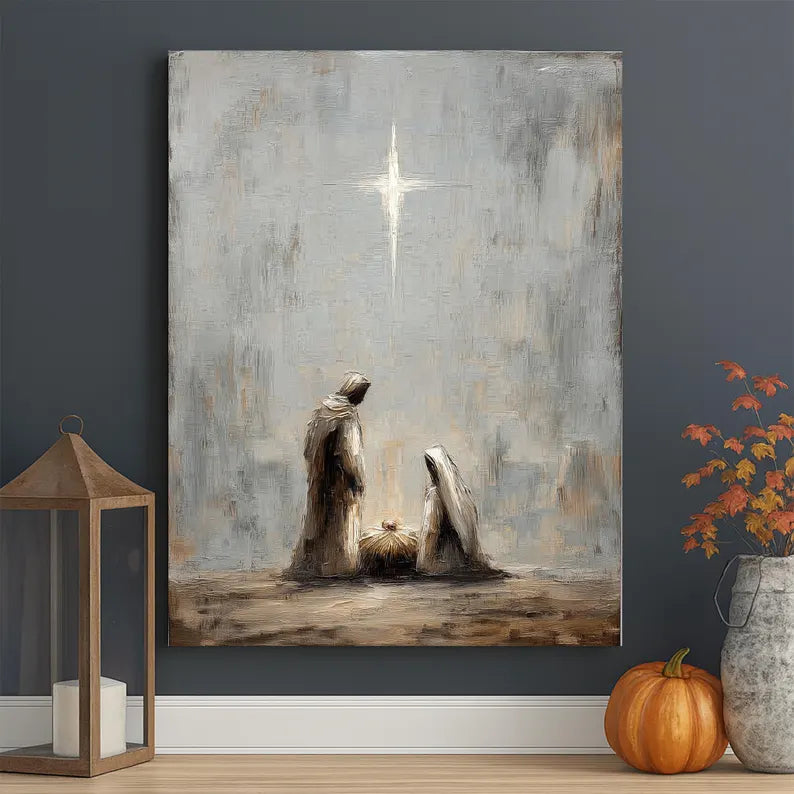 Nativity Canvas Wall Art, Minimalist Holy Family & Baby Jesus in Manger Print, Christian Christmas Home Decor