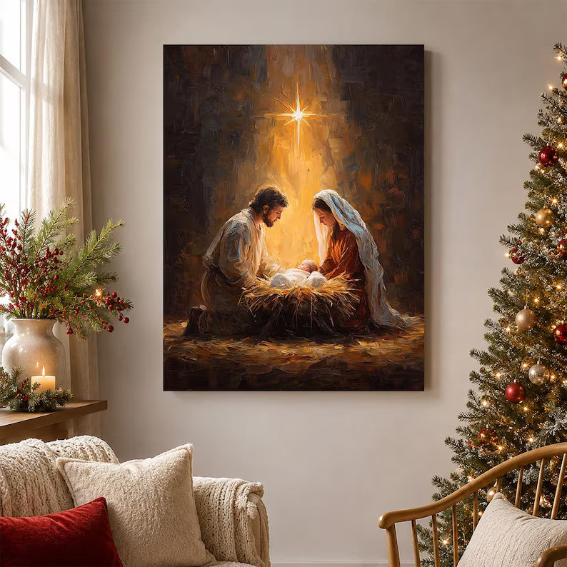 Holy Family Nativity Canvas Wall Art, Birth of Jesus Christmas Decor