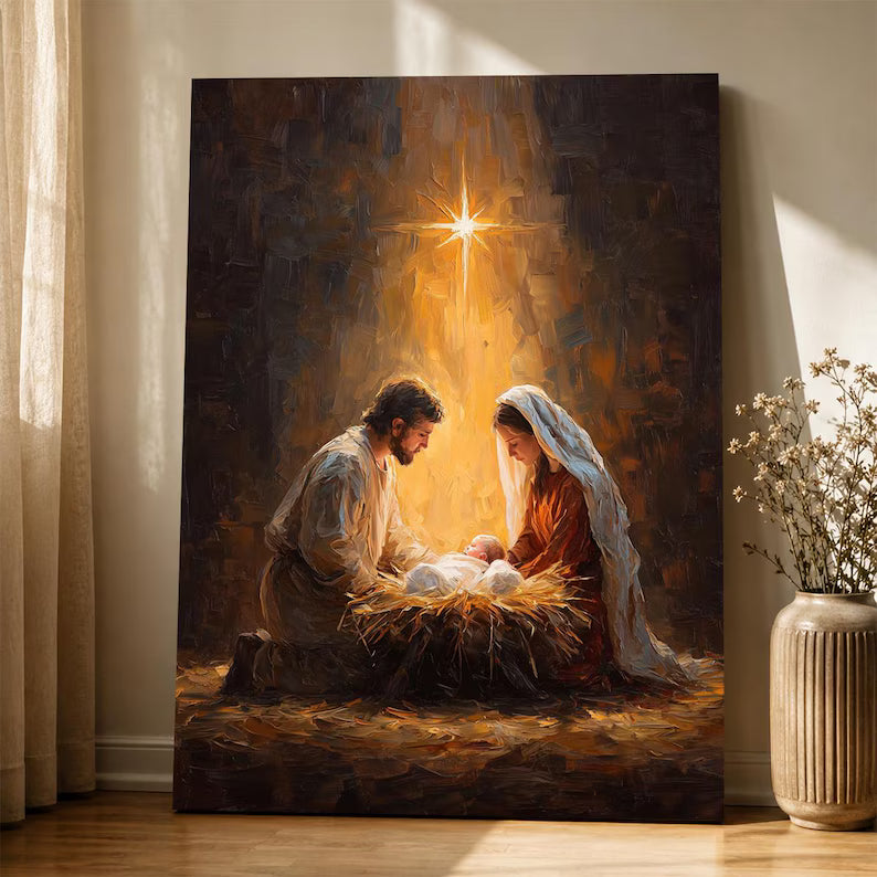 Holy Family Nativity Canvas Wall Art, Birth of Jesus Christmas Decor