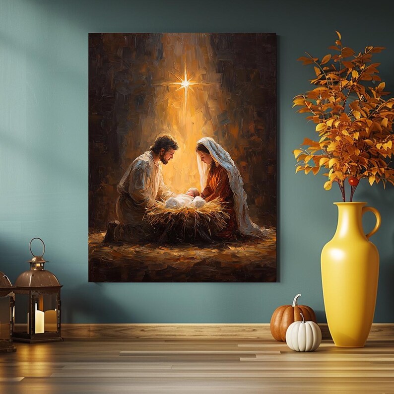 Holy Family Nativity Canvas Wall Art, Birth of Jesus Christmas Decor