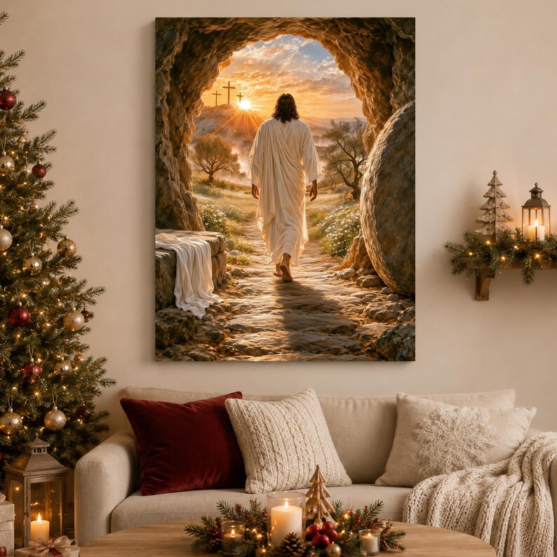 Risen Jesus Canvas, Empty Tomb Wall Art, Resurrection of Christ, Easter Christian Decor, Religious Wall Art