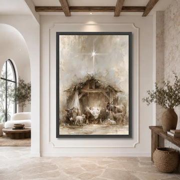 Serene Nativity Scene Canvas Print, Holy Family and Baby Jesus Wall Art, Rustic Farmhouse Christmas Decor, Christian Holiday Gift