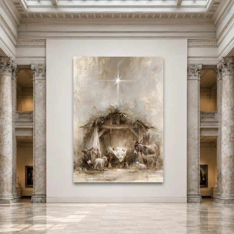 Serene Nativity Scene Canvas Print, Holy Family and Baby Jesus Wall Art, Rustic Farmhouse Christmas Decor, Christian Holiday Gift