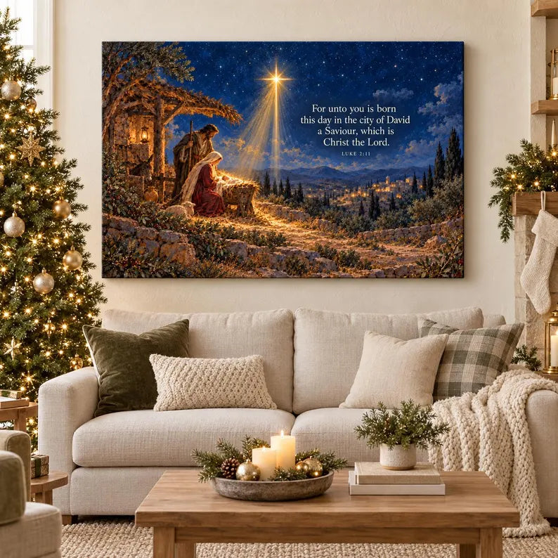 Nativity Scene with Bethlehem Star Canvas Print, Luke 2:11 Bible Verse Wall Art, Holy Family Christmas Decor, Christian Religious Gift