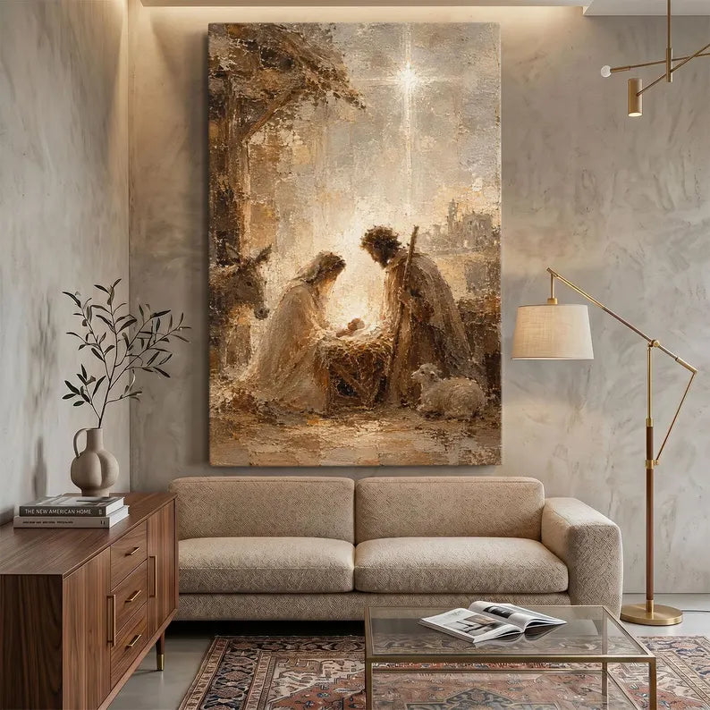Nativity Scene Canvas Print, Holy Family and Baby Jesus Wall Art, Star of Bethlehem Christmas Decor, Rustic Christian Home Decor Gift