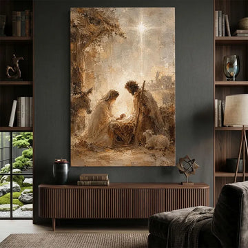 Nativity Scene Canvas Print, Holy Family and Baby Jesus Wall Art, Star of Bethlehem Christmas Decor, Rustic Christian Home Decor Gift