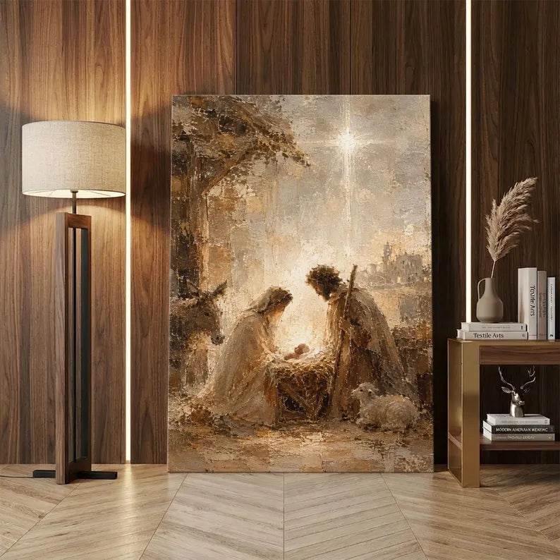 Nativity Scene Canvas Print, Holy Family and Baby Jesus Wall Art, Star of Bethlehem Christmas Decor, Rustic Christian Home Decor Gift