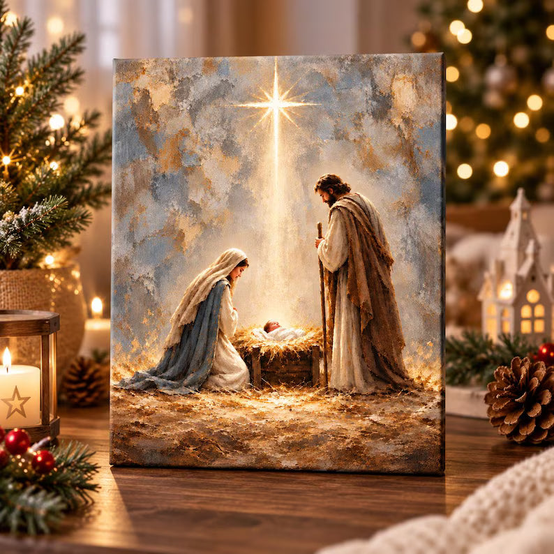 Nativity Scene Canvas Wall Art, Holy Family & Baby Jesus in Manger, Star of Bethlehem Christmas Decor, Christian Religious Gift