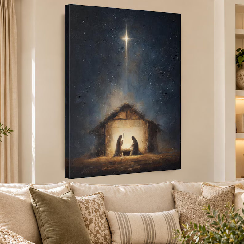 Nativity Star Canvas Print, Holy Family Under the Star of Bethlehem, Baby Jesus Christmas Wall Art, Christian Home Decor