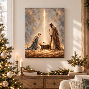 Nativity Scene Canvas Wall Art, Holy Family & Baby Jesus in Manger, Star of Bethlehem Christmas Decor, Christian Religious Gift