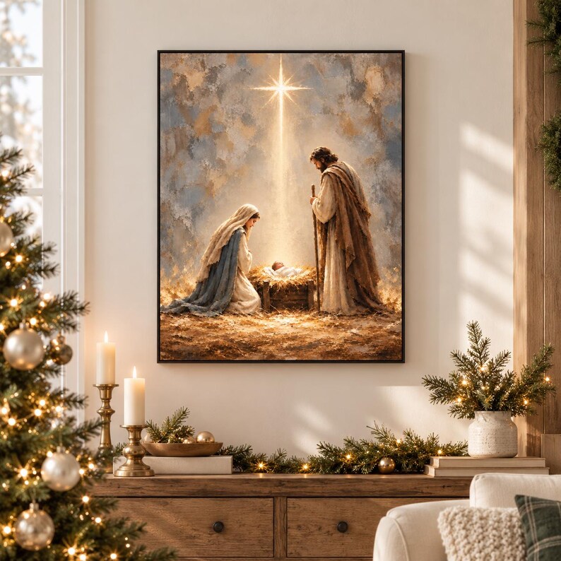 Nativity Scene Canvas Wall Art, Holy Family & Baby Jesus in Manger, Star of Bethlehem Christmas Decor, Christian Religious Gift
