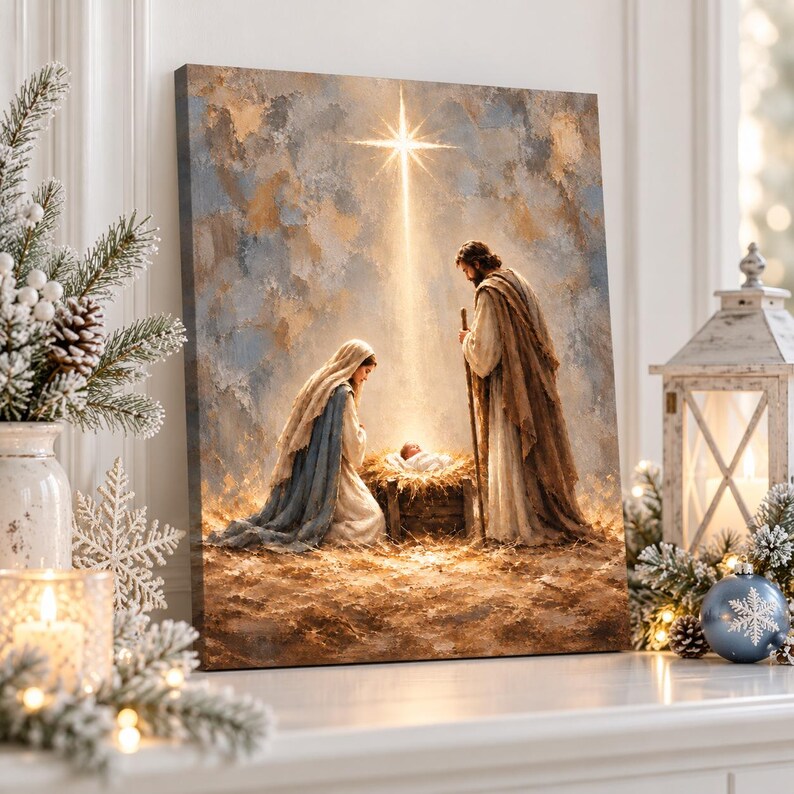 Nativity Scene Canvas Wall Art, Holy Family & Baby Jesus in Manger, Star of Bethlehem Christmas Decor, Christian Religious Gift
