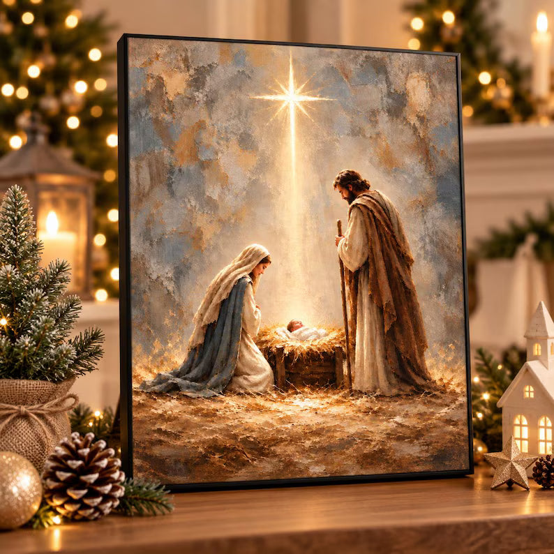 Nativity Scene Canvas Wall Art, Holy Family & Baby Jesus in Manger, Star of Bethlehem Christmas Decor, Christian Religious Gift