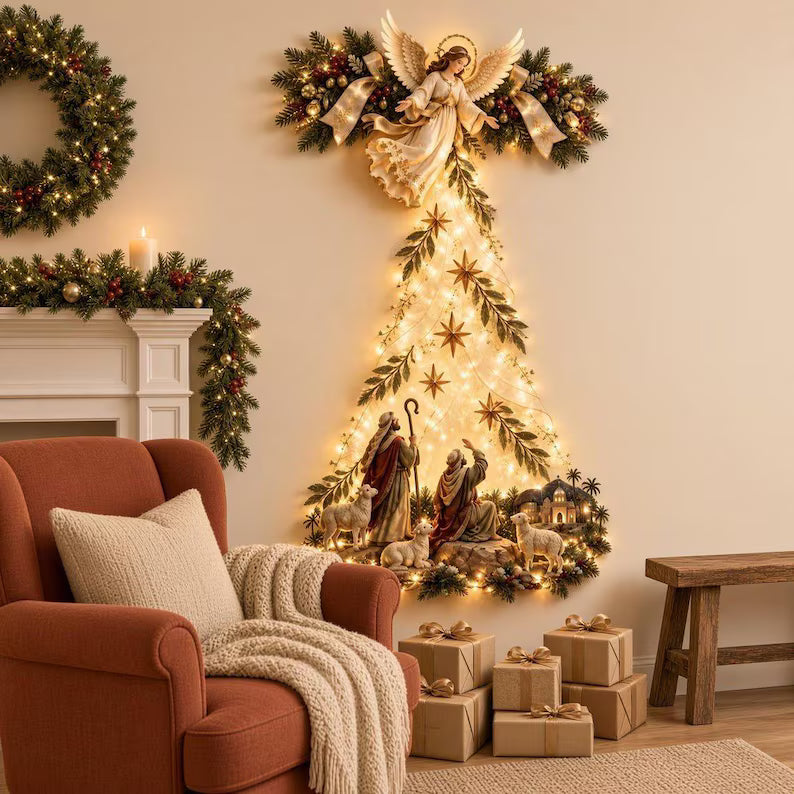 Lighted Nativity Scene Wall Art, Angel Christmas Tree Hanging Decor, Religious Christmas Wall Decoration, Christian Home Gift